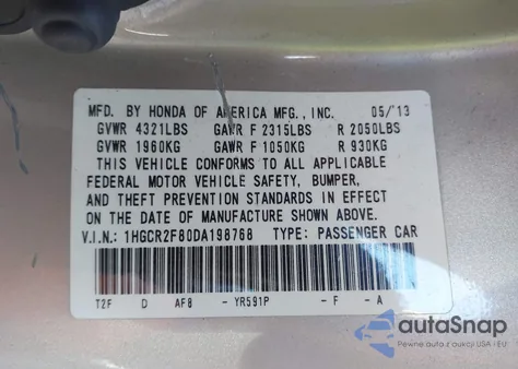 2013 Honda Accord Ex-L from USA, damaged, VIN 1HGCR2F80DA198768
